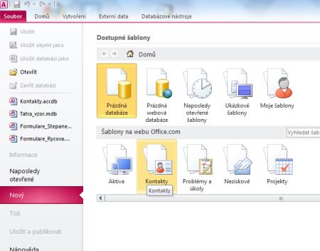 MS ACCESS 2.1 Tvorba nové databáze Databáze vytvořená pomocí MS Access 2010 je tvořena jedním souborem, do kterého jsou ukládány všechny objekty databáze. Soubor má koncovku accdb.
