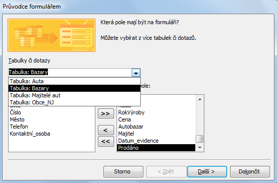 FORMULÁŘE Postup řešení Na kartě Vytvoření klikněte na položku Automatický formulář. V následujícím okně vyberte tabulku Auta a přesuňte do pravého okna všechna pole tabulky.