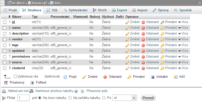 Administrace SQL databáze Zde můžete spouštět dotazy nad svojí databází, provádět import /