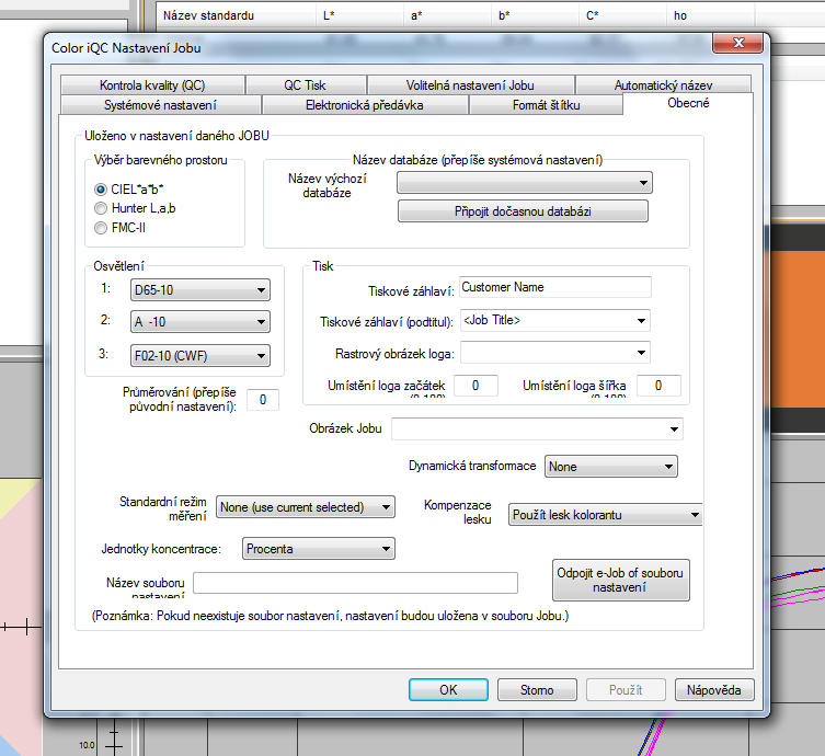 Obecná nastavení jobu Výběr barevného prostoru volba barevného prostoru v software (nejčastější nastavení CIE Lab).