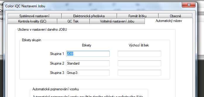 Automatický název Pro následné vyhledávání standardů a naměřených vzorků se doporučuje zadat pod skupinu Etikety do Skupiny 1 JOB a do Skupiny 2 Standard.