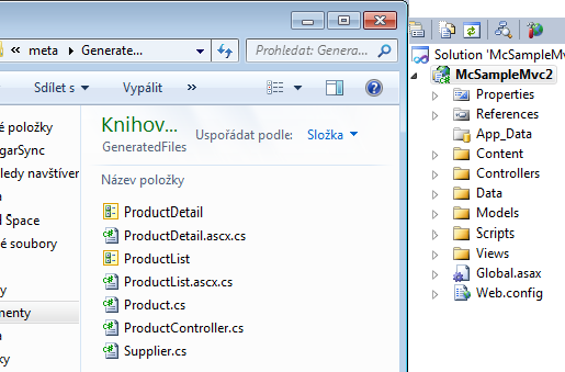 Přidání vygenerovaných souborů do aplikace Otevřeme soubor McSampleMvc2.sln (nebo McSampleWf.sln pro winforms) ve Visual studiu a složku s vygenerovanými soubory např. ve Windows Exploreru.