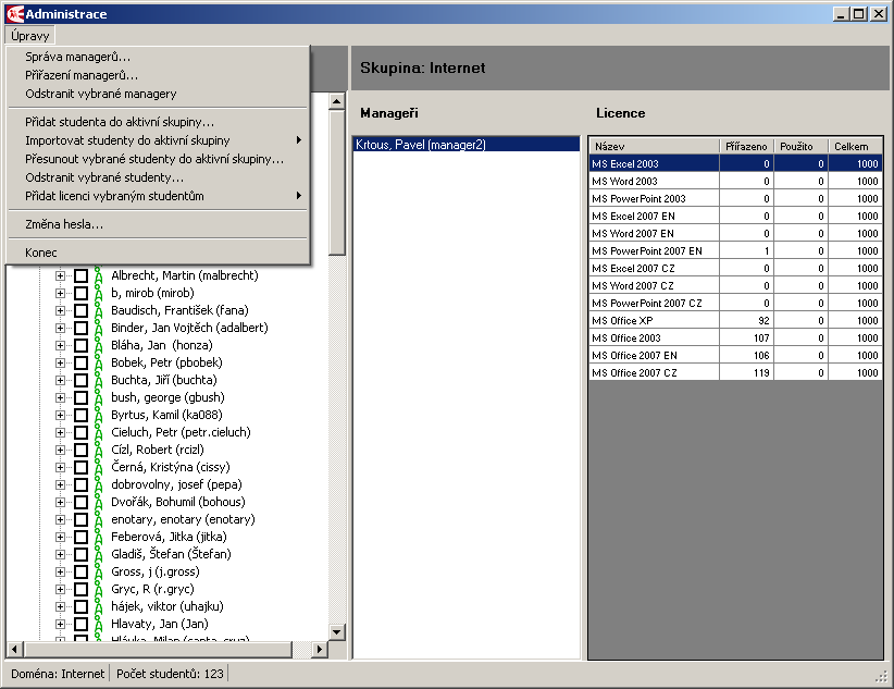 Vytvoření manažerů vzdělávání a přiřazení skupině Z nabídky Úpravy lze po kliknutí na položku Správa managerů vytvořit seznam manažerů.