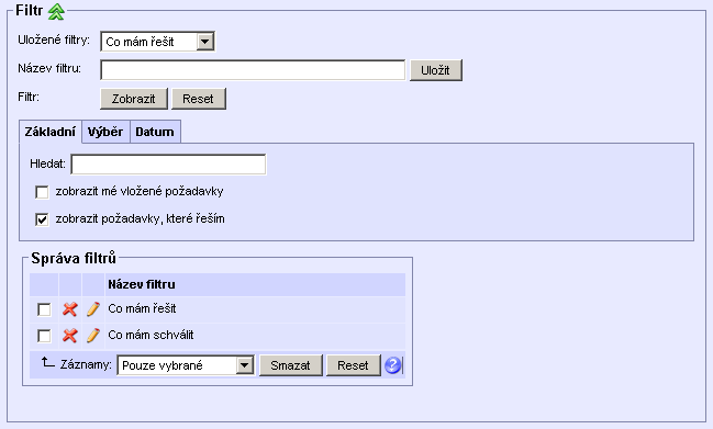 Nejprve se záznamy označí a potom se použije tlačítko pro vybranou funkci. Tlačítko Reset slouží k vynulování všech označených záznamů v tabulce.