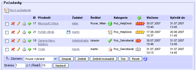 KAPITOLA Č. 7 POŽADAVKY Požadavky jsou základní funkcí aplikace HelpDesk. Slouží ke komplexní evidenci problémů, námětů a požadavků v podniku.