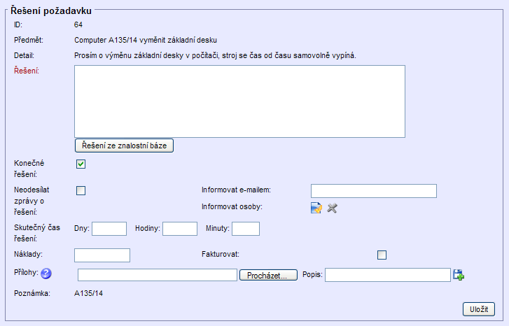 Ke každému řešení lze přidat řešení ze znalostní báze, které se přidá do textového pole Řešení. Máte možnost si poté dané řešení upravit.