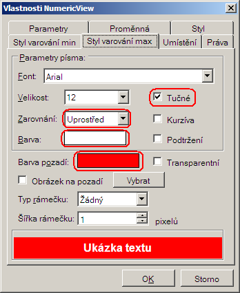 Obr. 28 - Nastavení stylu prvku při nízké zobrazované hodnotě Vzhled prvku NumericView v případě, kdy je zobrazovaná hodnota větší než maximum zadané v záložce Parametry, zadáme v záložce Styl