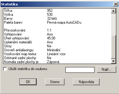 Čas rendrování Zobrazíčas pro generaci posledního rendrování. Celkem ploch Zobrazí počet ploch zpracovaných během posledního rendrování.