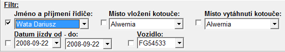 Prohlížet databázi lze také s použitím filtrování podle příjmení a jména řidiče, místa odjezdu, místa příjezdu, data odjezdu a registračního čísla vozidla.