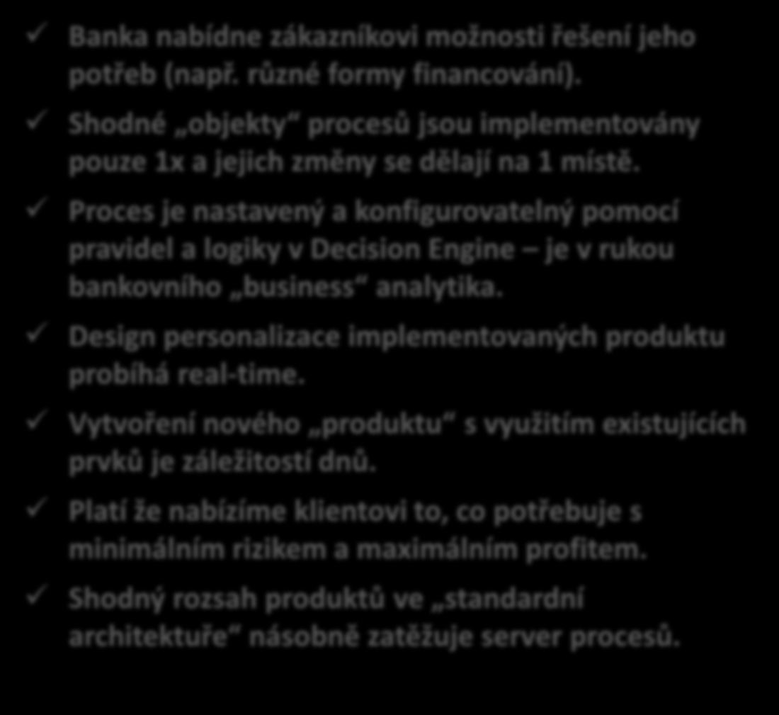 Silné stránky standardní architektury SILNÉ STRÁNKY Banka nabídne zákazníkovi možnosti řešení jeho potřeb (např. různé formy financování).