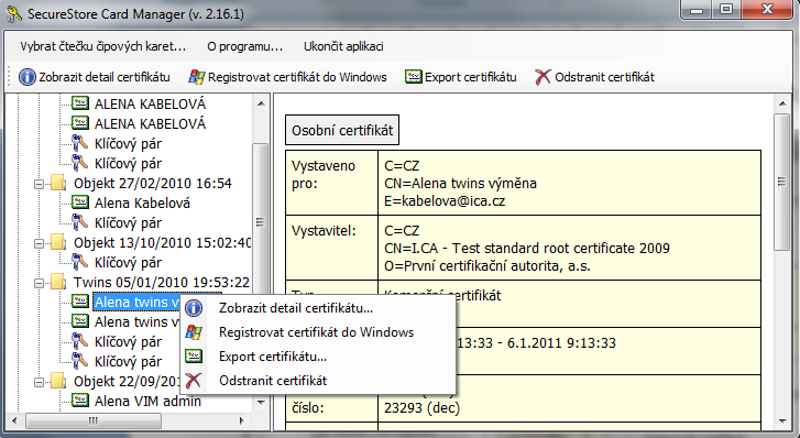 7.4 Kontextové menu pro osobní certifikát Obr.