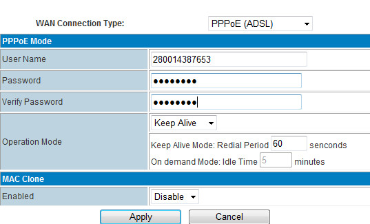 WAN Connection Type: vyberte PPPoE (ADSL) User Name: vyplňte PPPoE uživatelské jméno Password: