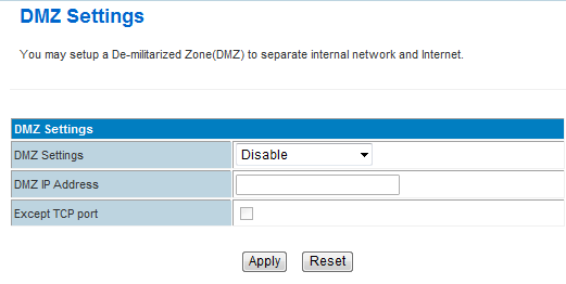 1.3.13.3 DMZ Host - konfigurace pro firewall DMZ Settings: otevírá a uzavírá nastavení DMZ.