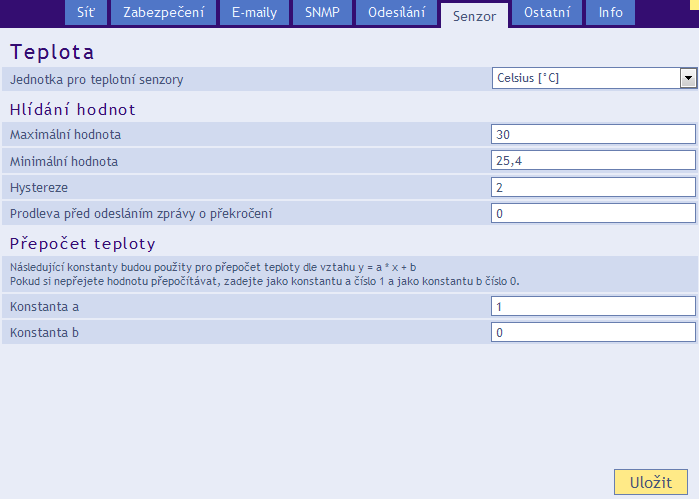 TME S e n z o r Parametry přímo ovlivňující měření. Jednotka teploty, hlídání hodnot, rovnice přímky, apod. Jednotka pro teplotní senzory obr.