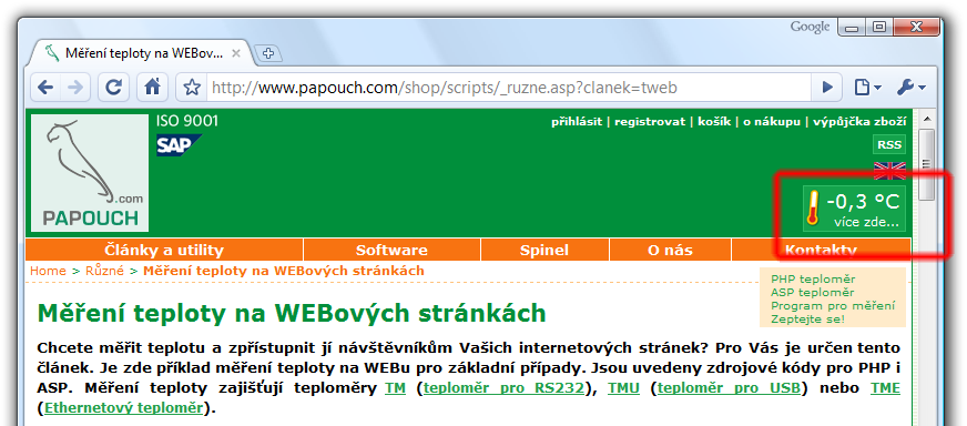 TME V l o ž e n í t e p l o t y d o v l a s t n í s t r á n k y p o m o c í s k r i p t u Teplotu z teploměru je možné vložit na vlastní stránky pomocí skriptovacího jazyka (například PHP či ASP.