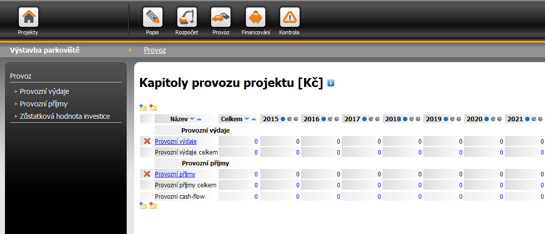 3. PRÁCE S PROJEKTEM Nový projekt uživatel vytvoří stisknutím tlačítka Nový v horní liště aplikace. Po vytvoření nového projektu je uživateli zobrazena úvodní stránka nového projektu.