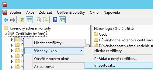 ->Dokončit -> OK 3. Po potvrzení je kořenový adresář rozšířen o sekci Certifikáty.