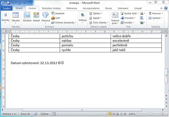 Kapitola: Krok za krokem MS Word 2010 Vložení vzorců Vkládání vzorců na kartě Vložení sekce Symboly ikona rovnice