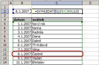 Funkce SVYHLEDAT Funkce je vhodná při práci s rozsáhlými seznamy a tabulkami. Jedná se o porovnání dvou rozsáhlých seznamů nebo vyhledání konkrétní hodnoty za určité podmínky.