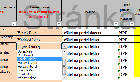 POZOR!!! Je třeba vybrat nesoučtovou položku a v případě změn rozpočtu pak aktualizovat seznam zaměstnanců a položek rozpočtu. Toto platí obecně pro výběr jakýchkoliv položek rozpočtu.