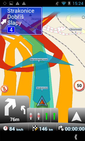 Práce s Navigátorem Instrukce o následujícím manévru je zobrazena v navigačním řádku v dolní