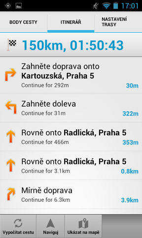 47 Navigator pro Android V itineráři jsou zobrazeny všechny instrukce pro celou cestu.