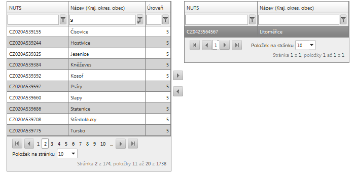 Přesun vybraných záznamů se provede tak, že se kliknutím označí daný záznam v levé tabulce a pomocí šipky vedle tabulky se záznam přesune do pravé tabulky.