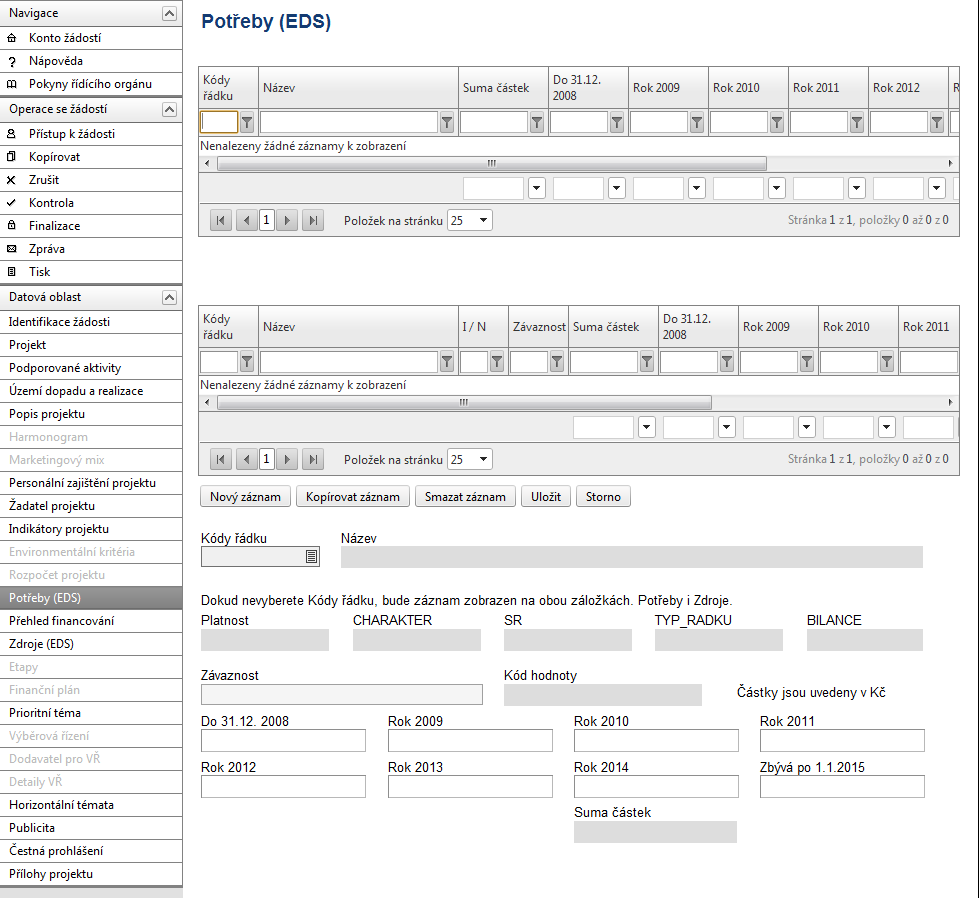 POTŘEBY (EDS) Na této záložce uživatel zadává podrobné informace o rozpočtu projektu z hlediska potřeb (nákladů). Upozornění: Všechny údaje o rozpočtu je nutné uvádět v celých Kč.