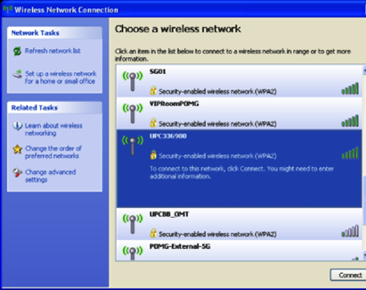 Windows XP 1 Klikněte na ikonu Připojení v systémové oblasti panelu nástrojů v dolní části obrazovky. 2 Vyberte bezdrátové síťové připojení boxu Horizon HD DVR (např. UPC338980).
