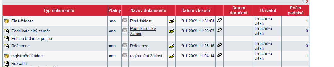 Obsah vybraného dokumentu lze zobrazit kliknutím na Název dokumentu v seznamu dokumentů. Dokument lze smazat kliknutím na ikonu v Seznamu dokumentů.