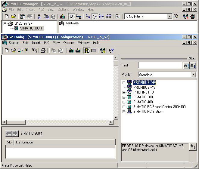 Funkce 6.5 Provoz v systémech s polní sběrnicí Projektování SIMATIC 300 a vytvoření sítě Profibus Vložte CPU S7 300.