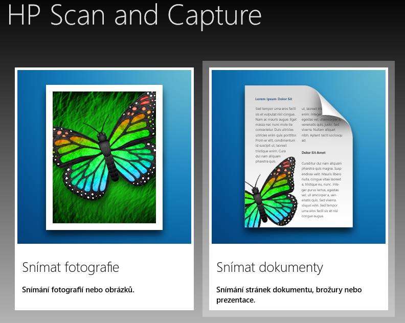 HP Scan and Capture - umožňuje vytváření souborů v PDF, ukládání obrazů do souborů JPEG pro fotografie, skenování, automaticky vyhledá kabelem připojené i bezdrátové multifunkční zařízení HP