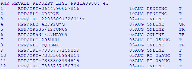 Zobrazení listu vyžádaných past date PNR, pokud byly vyžádané na list List vyžádaných past date PNR a jejich status si můžeme zobrazit vstupem RLD RLD Počet vyžádaných past date PNR vidíme na konci