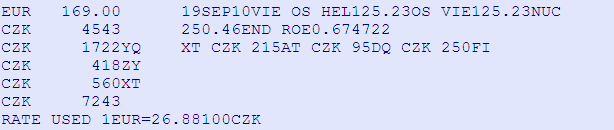 Ticket image display: AL FLGT BK T DATE TIME FARE BASIS NVB NVA BG Airline dopravce, který letí daný segment Flight number číslo letu Booking class rezervační třída Transport class datum odletu čas