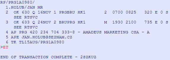 UZAVŘENÍ PNR HE ER / HE ET Pokud do PNR uložíme všechny povinné prvky a rezervaci chceme uzavřít a získat rezervační kód, máme dvě možnosti provedení: 1.