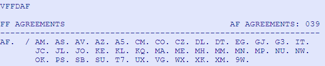 Chceme-li si zobrazit smlouvu pro konkrétní leteckou společnost, použijeme vstup: VFFD AF Na tomto zobrazení vidíme kódy leteckých společností, na jejichž lety lze načíst proletené míle na kartu FF