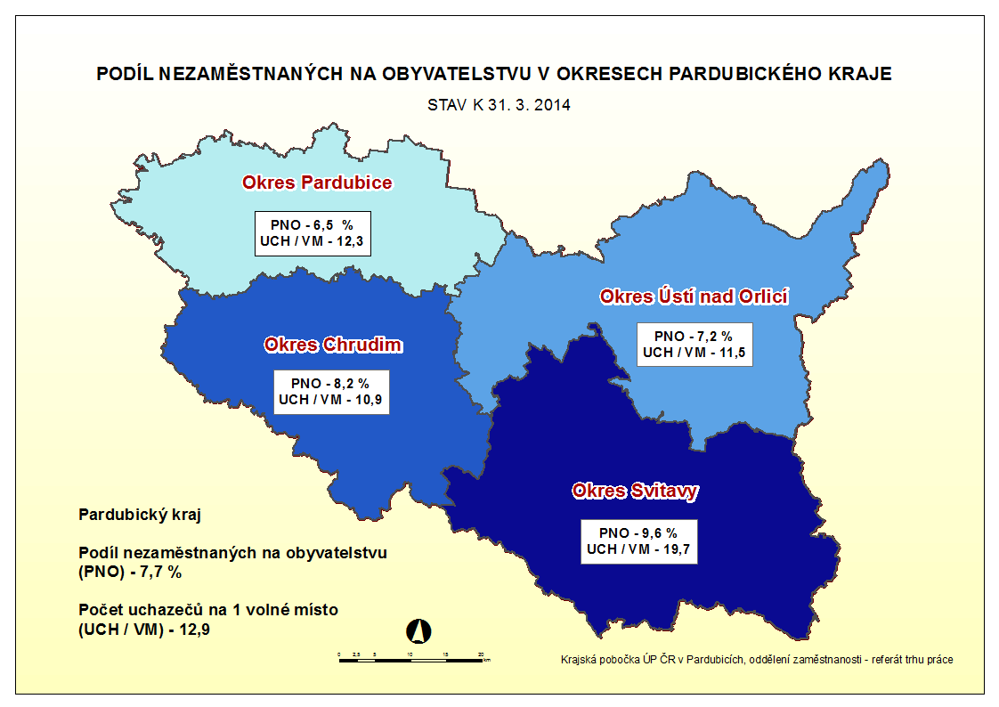 Mapa Pardubického kraje údaje o nezaměstnanosti k 30.9.