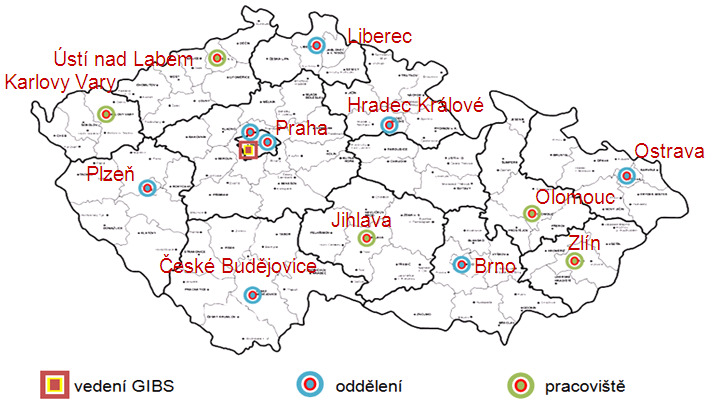 oddělení informační analytiky, oddělení Praha, oddělení Středočeský kraj, oddělení Liberec a pracoviště Ústí nad Labem, oddělení Plzeň a pracoviště Karlovy Vary, oddělení České Budějovice, oddělení