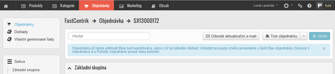 Po editaci objednávky můžeme objednávku uložit, vytisknout nebo z ní vytvořit doklad v PDF, který je následně uložen v sekci doklady. Výsledný doklad má stejné údaje jako objednávka. POZOR!