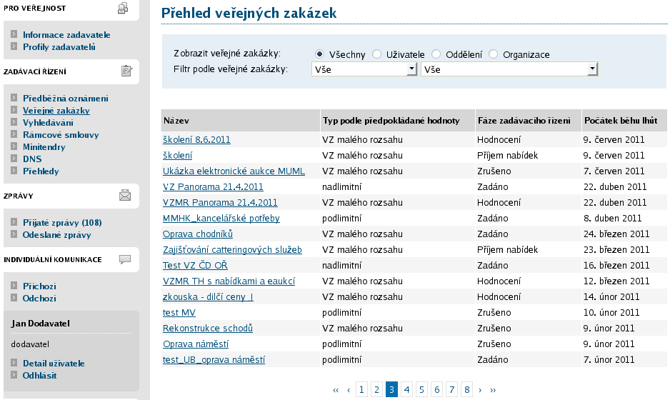 Obrázek 21: Základní obrazovka po přihlášení dodavatele Podtržený text jak v menu tak v hlavní části stránky představuje odkazy, na které lze kliknout.