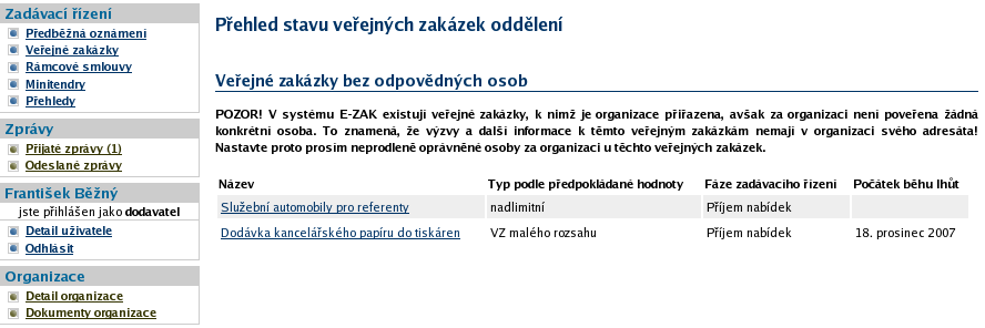 Obrázek 25: Přehledy seznam VZ, k nimž je organizace přiřazena, ale bez pověřených osob Oprávnění k zadávacímu řízení Přiřazení konkrétní oprávněné osoby ke konkrétní veřejné zakázce se provádí na