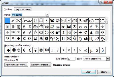 C. Vkládání symbolů Texty můžeme oživit i různými symboly, které jsou obsaženy ve speciálních sadách znaků. Jedná se především o sadu SYMBOL, WINGDINGS a WEBDINGS.