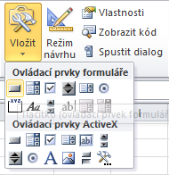 Přiřazení makra - tlačítko V pásu karet Vývojář klikněte na Vložit, rozbalí se nabídka Ovládacích prvků.