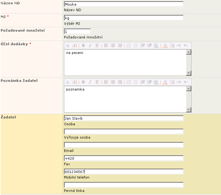 Text je možné zkontrolovat tlačítkem Pravopis (stejná funkce jako v programech MS Office word, outlook apod.). Formulář požadavku má 4 části.