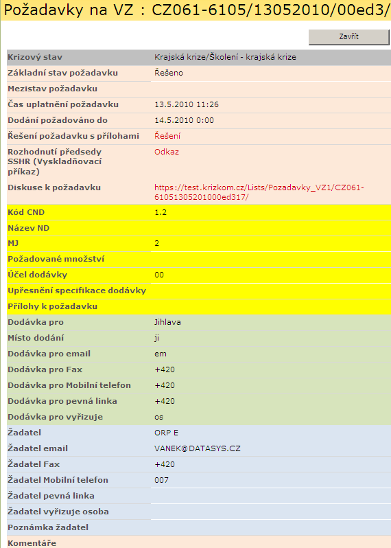 Pole Řešení požadavku s přílohami obsahuje odkaz na seznam řešení požadavku viz popis v kapitole 2.