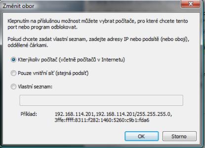 Zde stiskněte tlačítko Změnit obor Zde vyberte buď volbu Pouze vnitřní síť a pokud to nebude