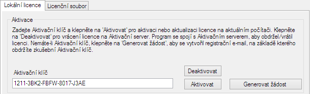 2 Lokální licence Lokální licence je výchozí nastavení způsobu licencování aplikace. Licence může být na pracovní stanici nebo na USB flash disku.