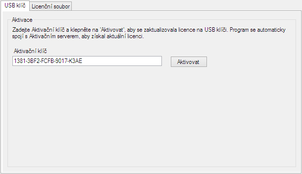 Při upgrade (rozšíření licence) na USB klíči se postupuje obdobně jako při reaktivaci lokálního klíče. Po doručení oznámení, že je licenci možné reaktivovat, spusťte Správce licencí.