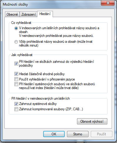 Možnosti složky Pro složky je možno nastavit otevírání složek v novém okně, způsob otevření složky, typy