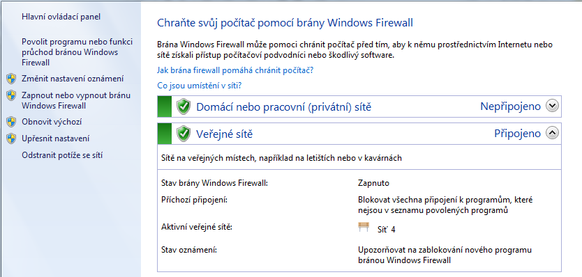 Brána Windows Firewall Umožňuje nastavit oznámení při příchozím připojení, upozornění na blokované programy.